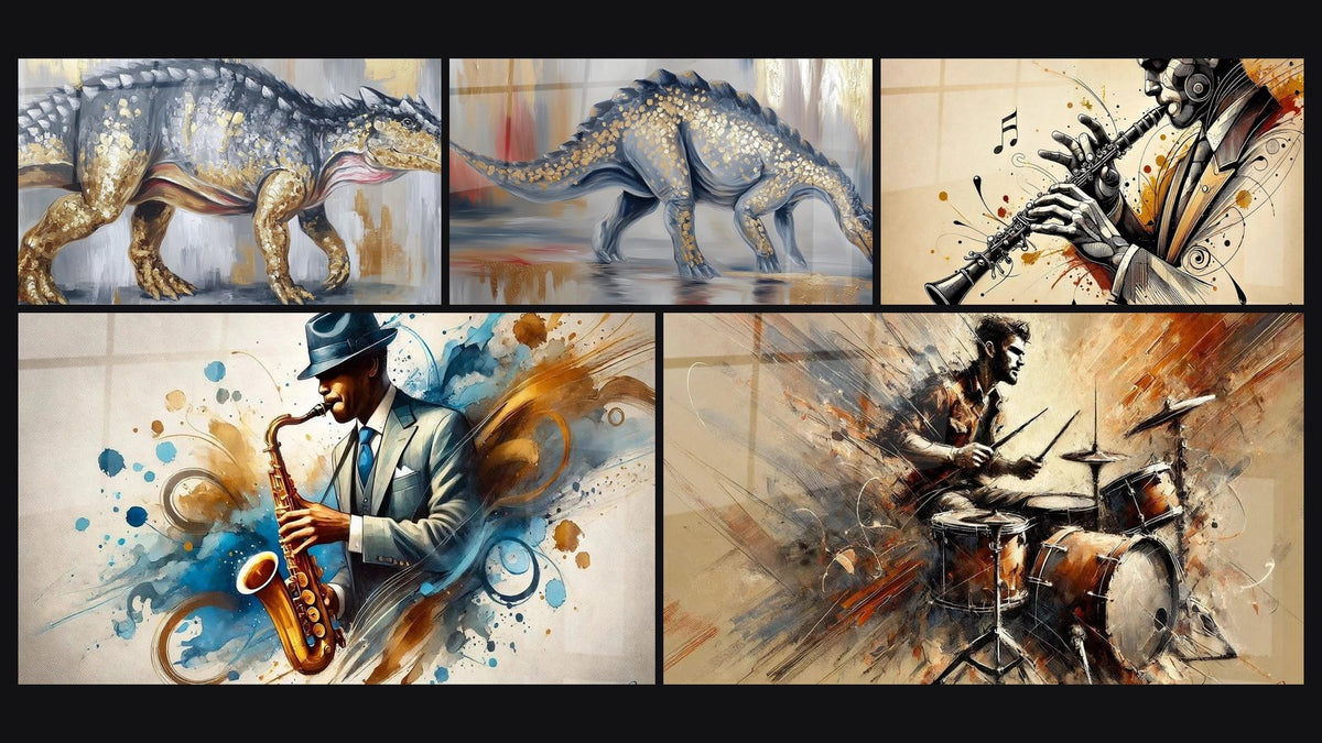 Mosaico de cinco cuadros, entre ellos Scutosaurus Dorado, Dinosaurio Blindado y Clarinete N°1