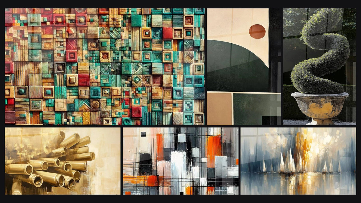 Mosaïque de six tableaux, dont Imbrication des Couleurs, Équilibre Géométrique et Buis N°1