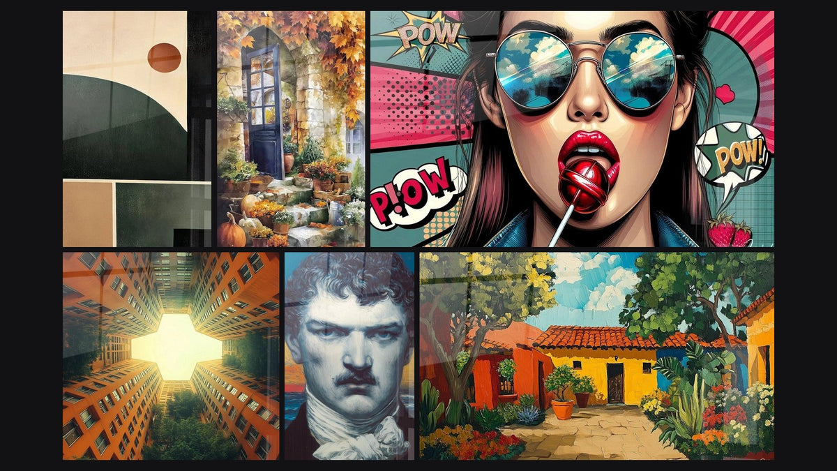 Mosaïque de six tableaux, dont Équilibre Géométrique, Fenêtres sur Ciel et Maison Cocon Chaleureux