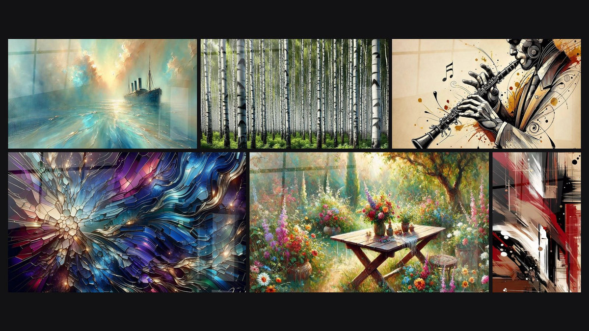 Mosaic of six paintings, including Heart of the Breeze, Stained Glass Splendor and Tree Trunk Wall