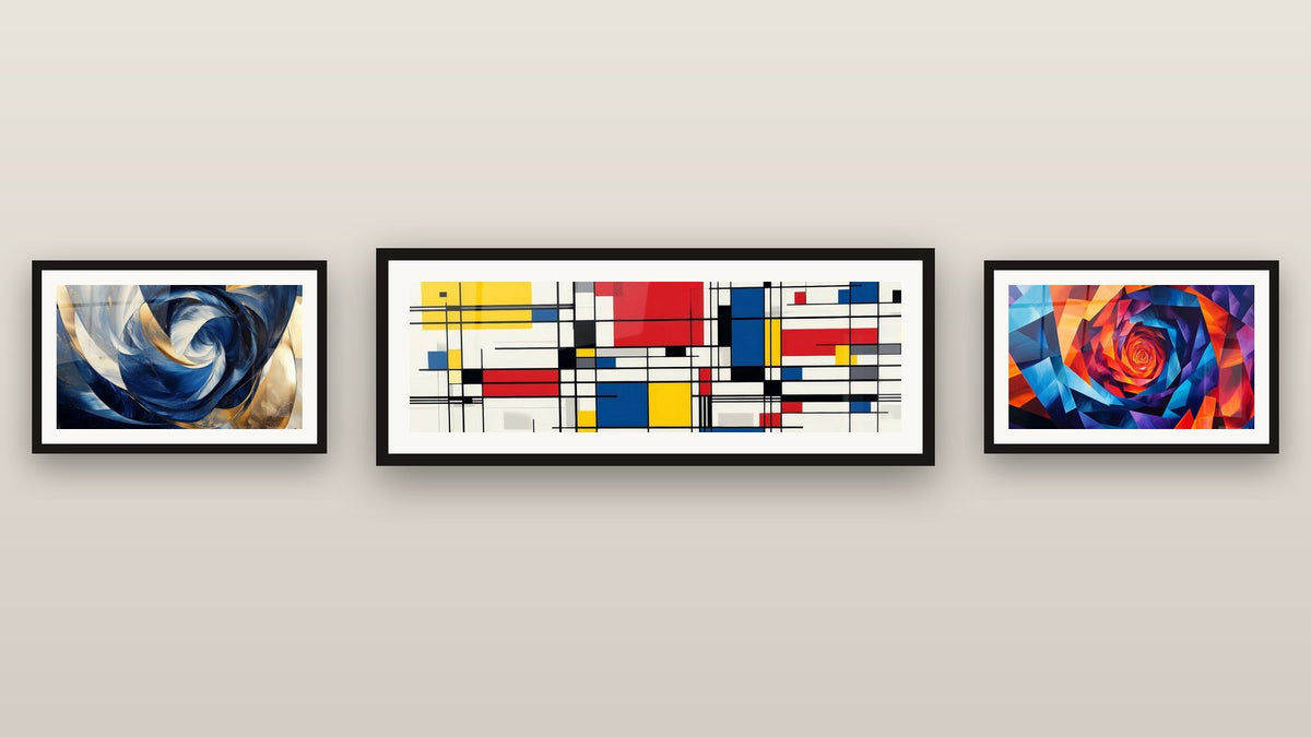 Gallery wall with three framed paintings: Marine Hypnosis, Geometric Hypnosis and Geometric Composition