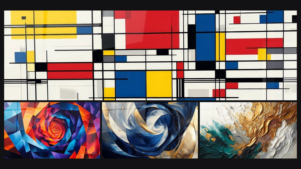 Mosaïque de quatre tableaux, dont Composition géométrique, Hypnose Géométrique et Hypnose Marine