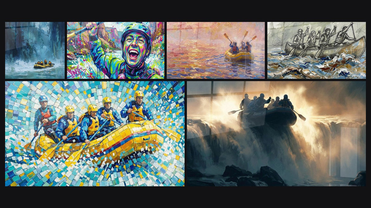 Mosaïque de six tableaux, dont Rafting Canyon Glaciaire, Rafteur Victorieux et Rafting Coucher de Soleil