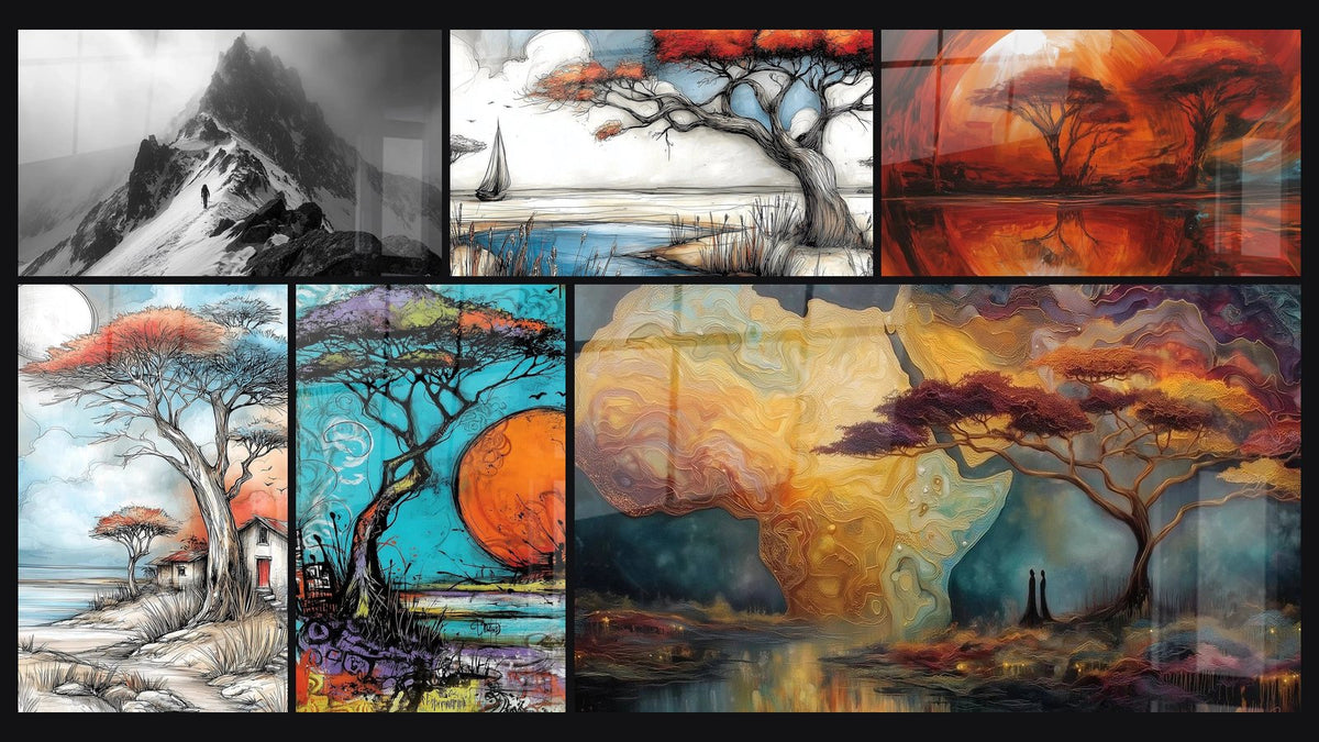 Mosaïque de six tableaux, dont Alpiniste montagne, Acacia Aureolé de cuivre ardent et Acacia Racines du Temps