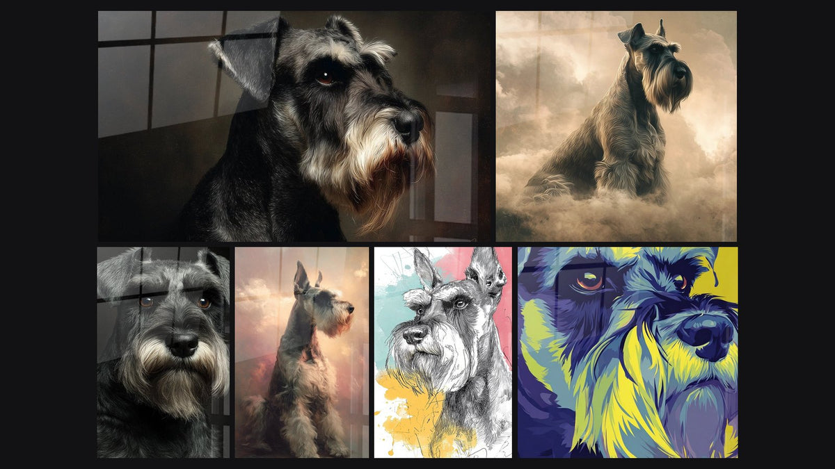 Mosaïque de six tableaux, dont Schnauzer Gris et Noir aux Yeux Dorés et Schnauzer Gris aux Yeux Ambrés