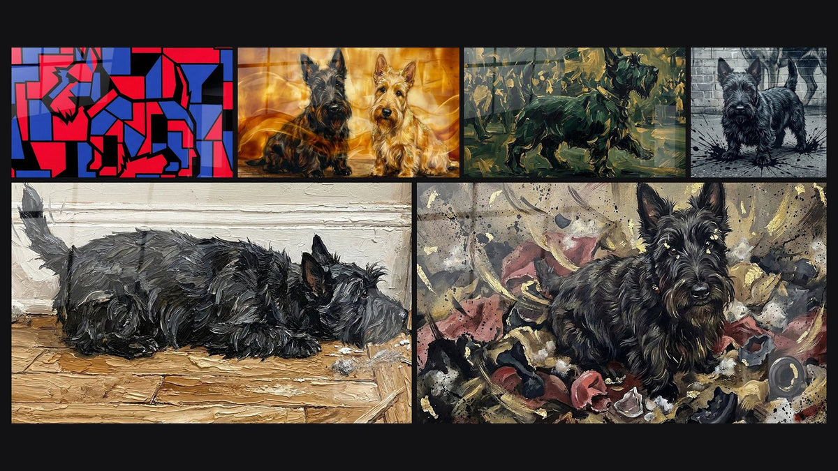 Mosaïque de six tableaux, dont Chien Géométrique Rouge et Bleu et Duo de Terriers dans Tourbillons Dorés