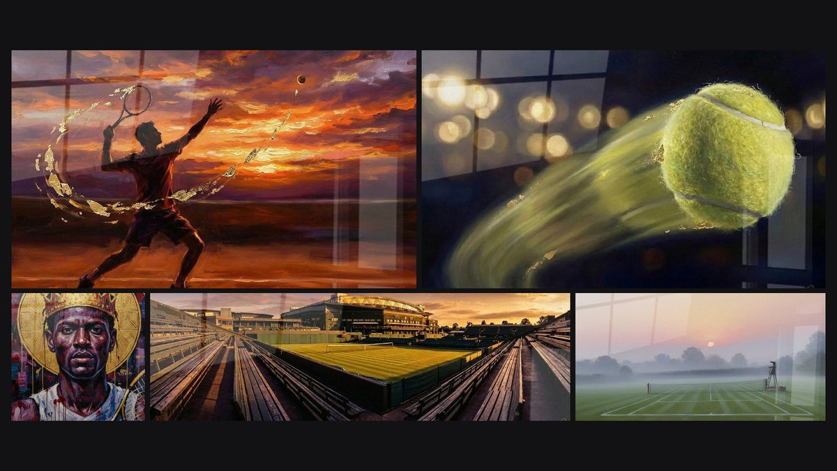 Mosaico di cinque quadri, tra cui Da tennis Tramonto, Giocatore di Tennis Incorniciato e Da tennis Wimbledon