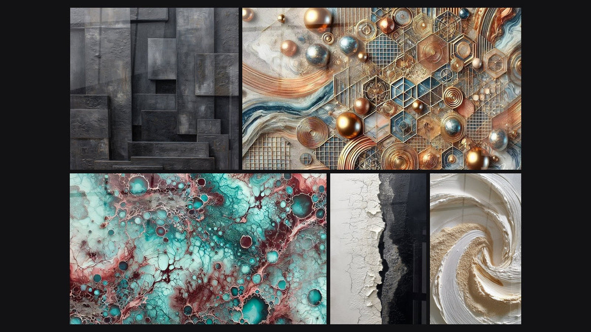 Mosaico de cinco cuadros, entre ellos Mosaico de Cobre, Esencia de Granate y Textura Agrietada Blanco y Negro