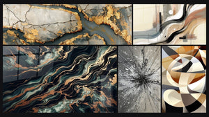 Mosaic of five paintings, including Golden Veined Marble, Aurifer Flow and Sillage Abstract