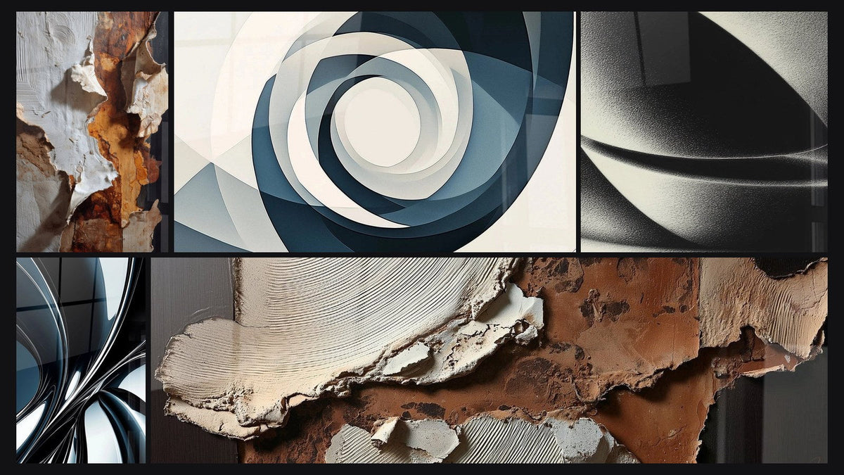 Mosaico de cinco cuadros, entre ellos Vortex Azul, Esfera abstracta y Espiral metálico cromado