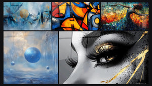 Mozaïek van vijf schilderijen, waaronder Abstracte gouden cirkellijst en Tafel blauwe planeten