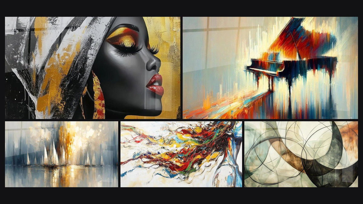 Mosaic of five paintings, including African Woman, Dreamy Piano and Dawn Over the Bay