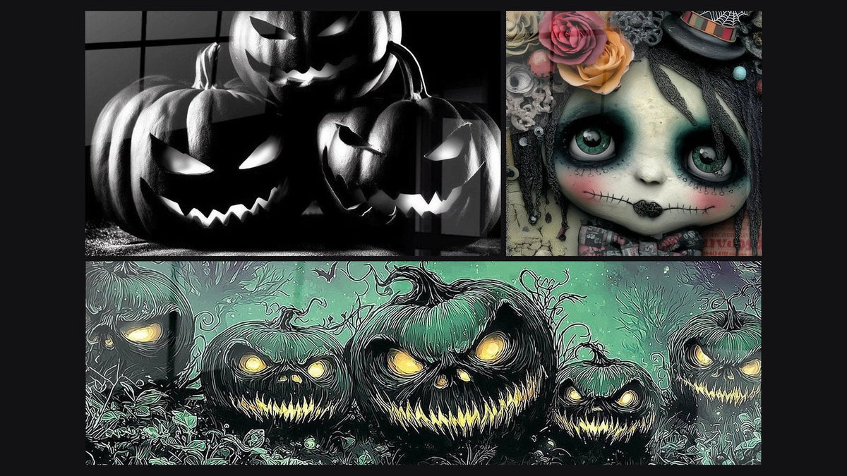 Mosaico de tres cuadros: Calabazas Sonrisas Sombrías, Muñeca Belleza Maldita y Calabazas Centinelas del Reino Oscuro