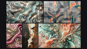 Mosaico de cinco cuadros, entre ellos Curvas Etéreas, Llamas Púrpura y Círculos grises y coral entrelazados