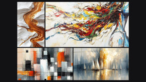 Mosaïque de quatre tableaux, dont Mécanique des couleurs, Aurore sur la Baie et Muse Moderne