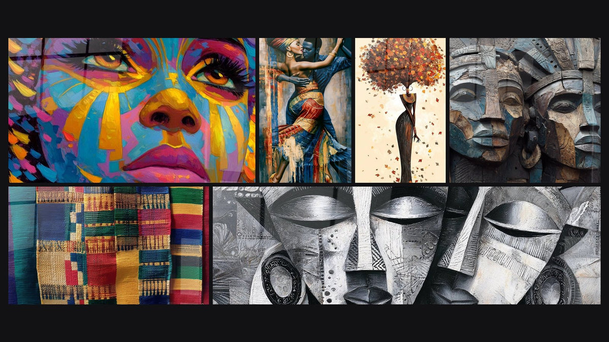 Mosaik aus sechs Gemälden, darunter Des mystischen Sonnengesichts, Afrikanische Masken und Afrikanische Frau Herbst