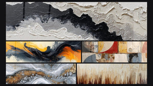 Mosaico de cinco cuadros, entre ellos Sinfonía Contrastada Negra, Formas geométricas abstractas y Abstracto Fluido Gris y Oro