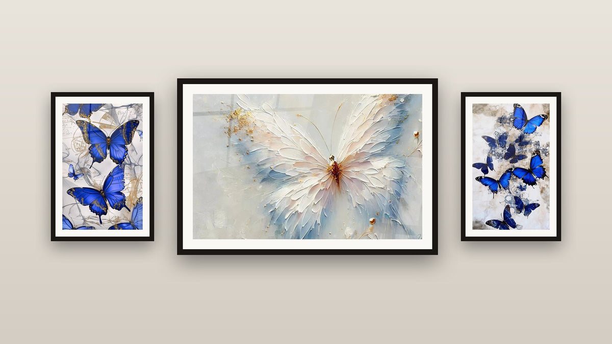 Gallery wall with three framed paintings: Silk Wings, Butterfly Dream Cobalt and Butterfly Indigo Flight