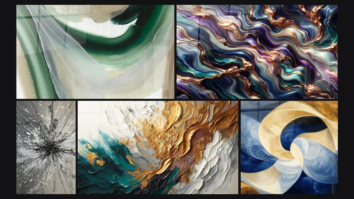 Mosaik aus fünf Gemälden, darunter Emerald Silk, Trace in Gold und Jade und Serenade Mineral