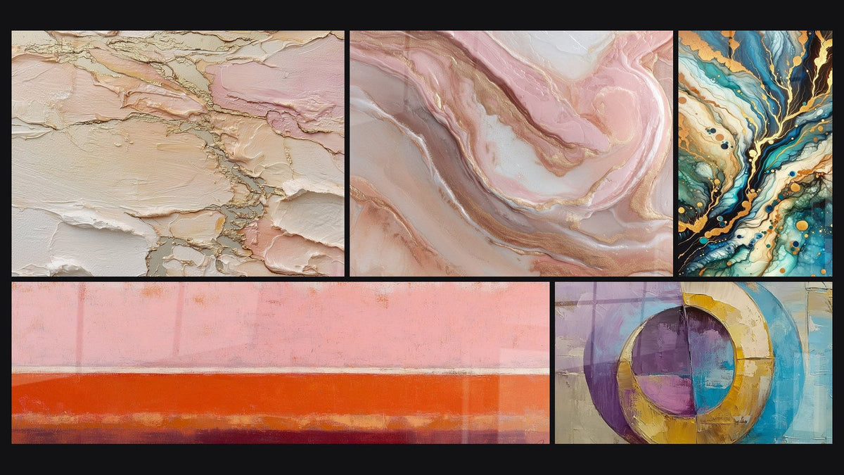 Mosaico de cinco cuadros, entre ellos Abstracto texturizado beige rosa dorado y Abstracto horizontal rosa coral y burdeos
