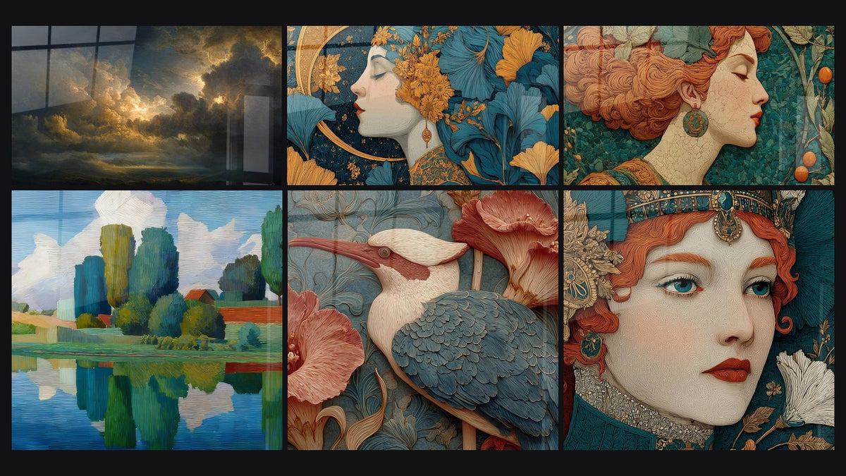 Mosaik aus sechs Gemälden, darunter Seentafel mit Baumspiegelungen und Frauenportrait Goldene Meditation