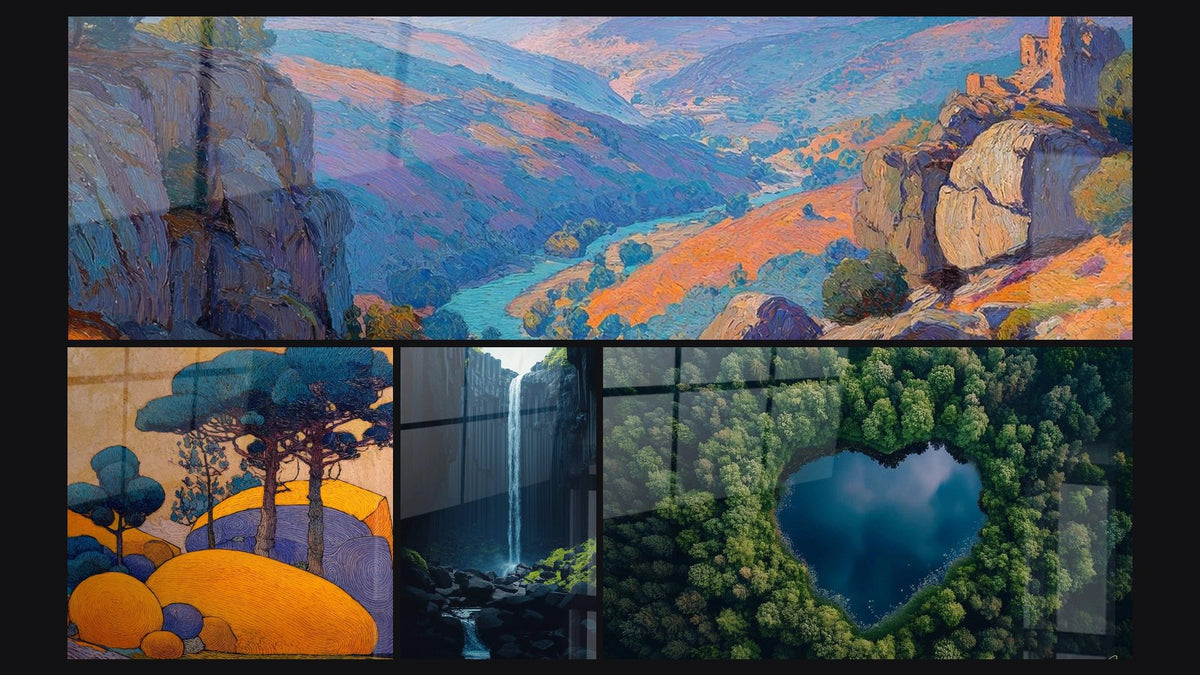 Mosaico de cuatro cuadros, entre ellos Valle cañón colorido, Paisaje mediterráneo estilizado y Cascada N°2