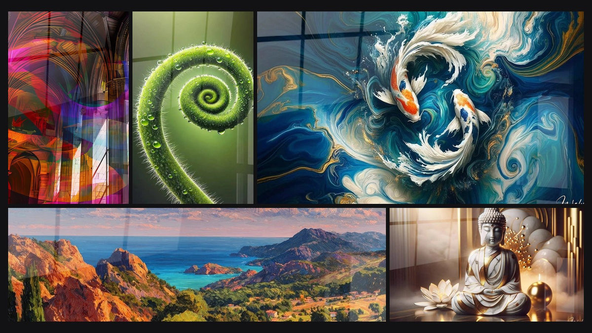 Mosaico di cinque quadri, tra cui Architettura Gotica di, Sulla costa mediterranea e Spirale della Vita