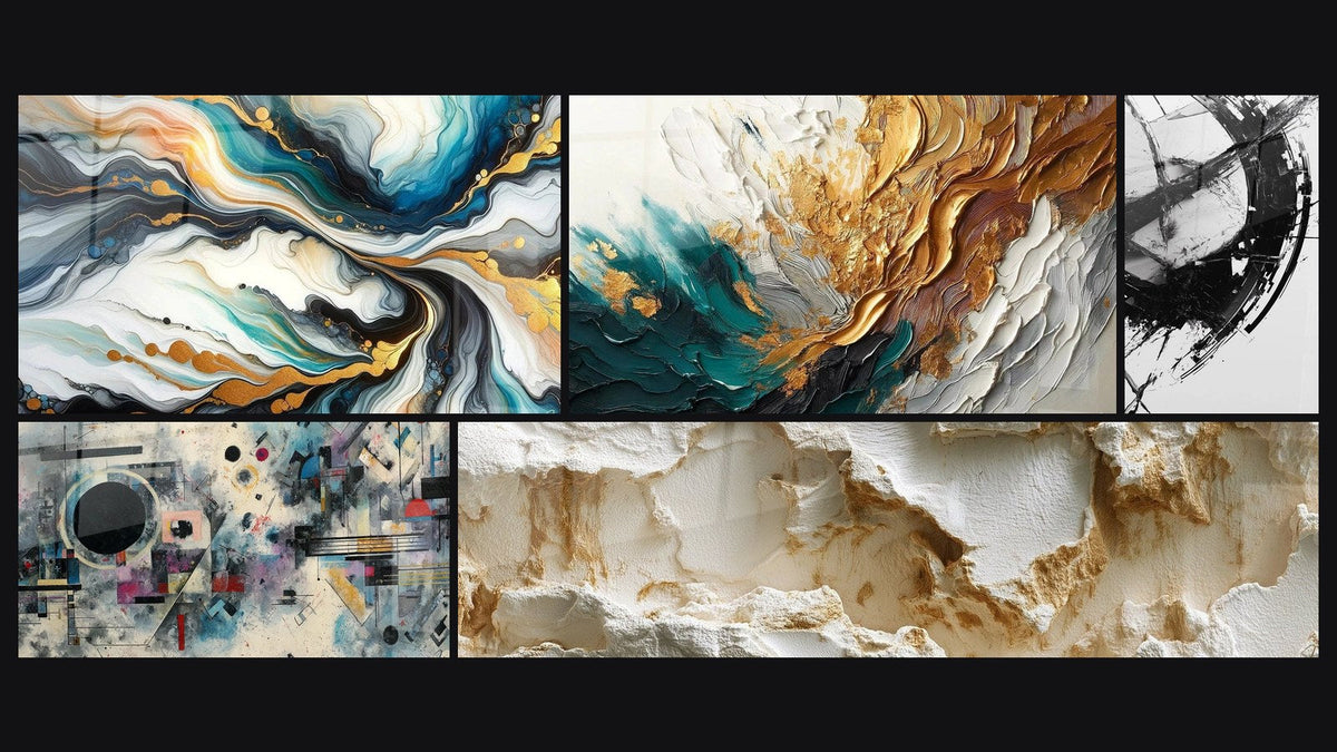 Mosaic of five paintings, including Colorful Currents and Abstract Geometric Composition