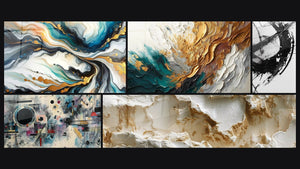 Mosaico de cinco cuadros, entre ellos Abstracto de Corrientes Coloridas y Composición abstracta geométrica