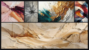 Mosaico de cinco cuadros, entre ellos Trazos en Oro y Jade y Formas geométricas circulares