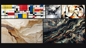 Mosaico de cinco cuadros, entre ellos Composición geométrica, Abstracto Beige y Tierra y Flujo Aurífero