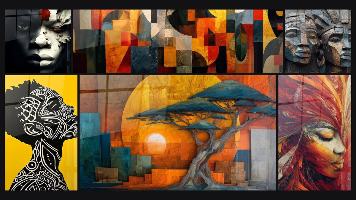 Mosaico de seis cuadros, entre ellos Retrato Alma de los orígenes, Perfil Mujer Africana y Arte abstracto geométrico