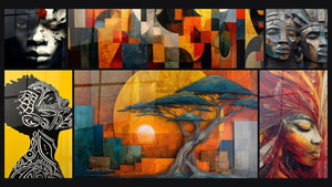 Mosaico de seis cuadros, entre ellos Retrato Alma de los orígenes, Perfil Mujer Africana y Arte abstracto geométrico