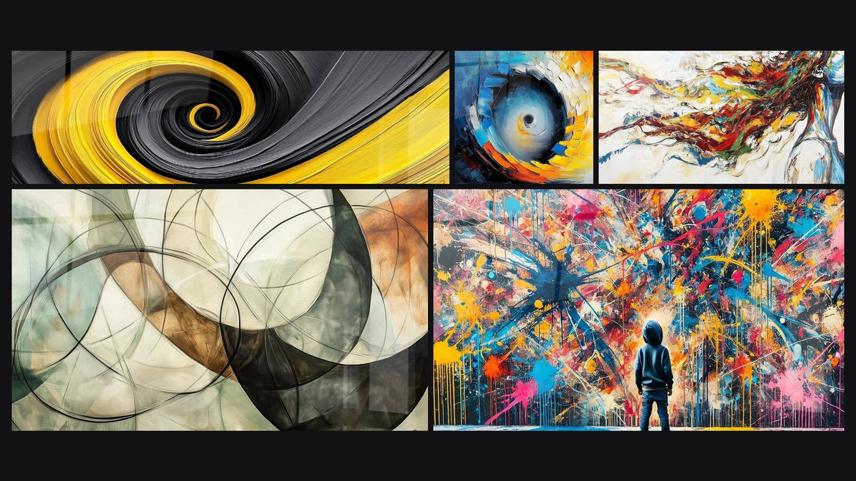 Mosaico di cinque quadri, tra cui A spirale dinamica giallo e nero, A spirale cosmica arancione e blu e Muse Moderna