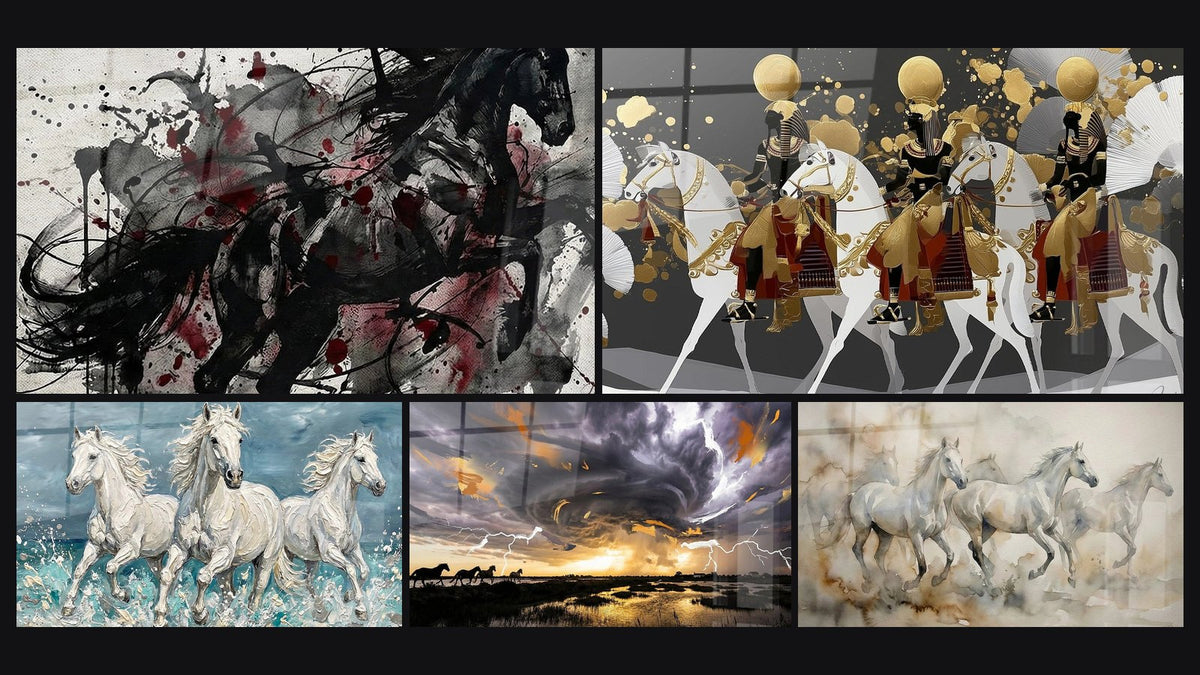 Mosaic of five paintings, including Abstract Horse, White Horses and Wild Horses
