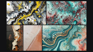Mozaïek van vijf schilderijen, waaronder Zwart Impact, Tafel Essentie van Granaat en Aquarelgetijtafel