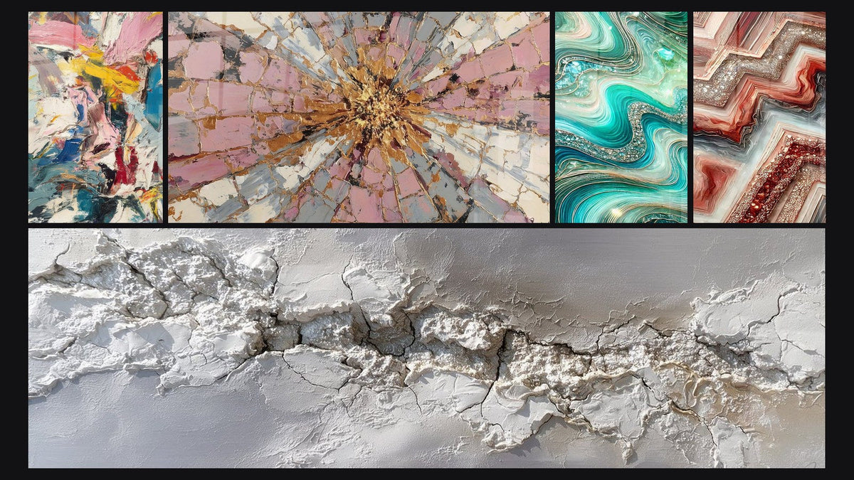 Mosaik aus fünf Gemälden, darunter Rosa-Gold-Explosion mit Strahlzentrum und Kristalline Wellen