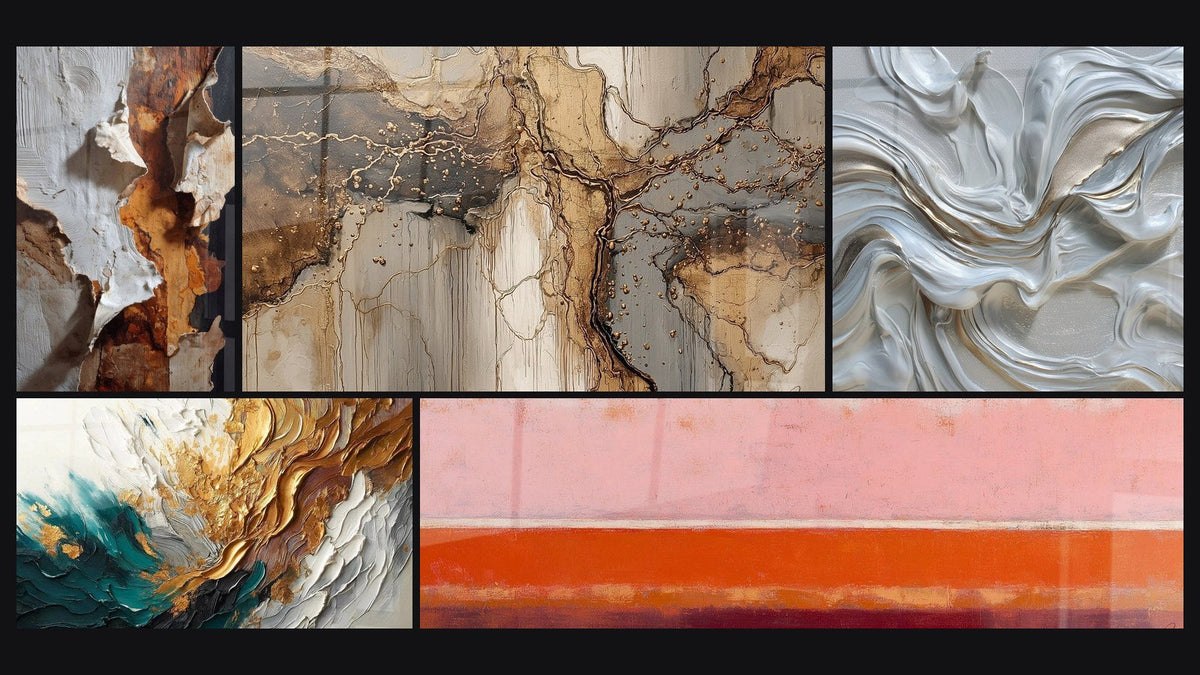 Mosaik aus fünf Gemälden, darunter Trace in Gold und Jade