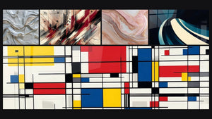 Mosaico de cinco cuadros, entre ellos Turbulencia Artística, Composición geométrica y Onda espiral moderno
