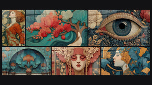 Mosaico de seis cuadros, entre ellos Mujer Ninfa Dorada, Orquídeas melodía serpentina y Ojo Espejo de las Almas