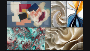 Mosaico de cinco cuadros, entre ellos Formas geométricas poesía cuadrada, Esencia de Granate y Flujo dinámico colorido