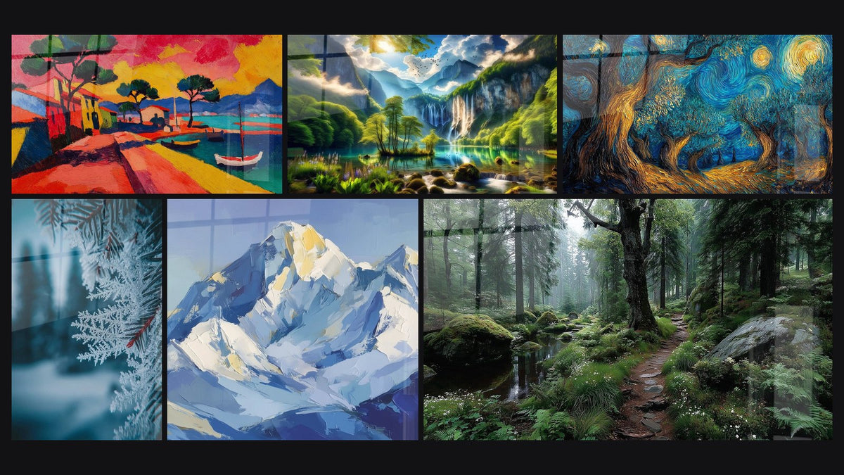 Mosaïque de six tableaux, dont Village côtier coloré, Branches givrées Givre matinal et Éden Vert aux Mille Cascades