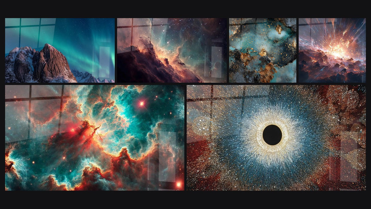 Mosaico di sei quadri, tra cui Montagne Aurora Boreale, Spazio N°1 e Occhio cosmico