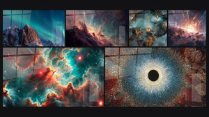 Mosaic of six paintings, including Mountain Northern Lights, Cosmic Eye and Stellar Nebula