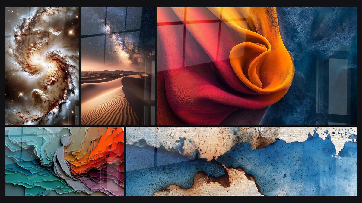 Mosaico de cinco cuadros, entre ellos Torbellino de Luz, Vía láctea N°1 y Capas geológicas de colores