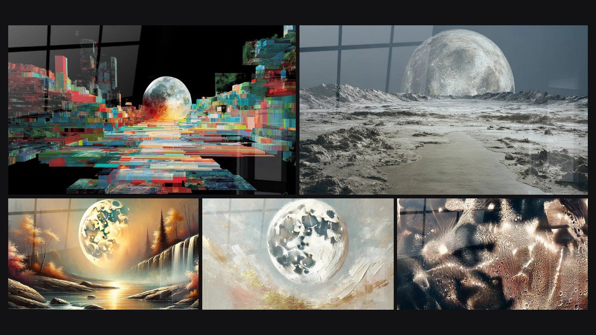 Mosaico de cinco cuadros, entre ellos Luna Pixelada Futurista, Serenidad Celeste y La Luna y el Oro