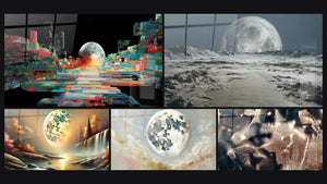 Mosaic of five paintings, including Celestial Serenity, The Moon and Gold and The Imprint of Eternity