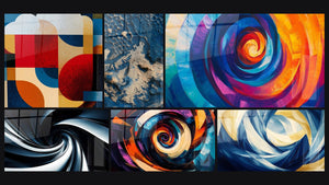 Mosaico de seis cuadros, entre ellos Composición abstracta rojo y azul marino y Espiral dinámico negro y azul