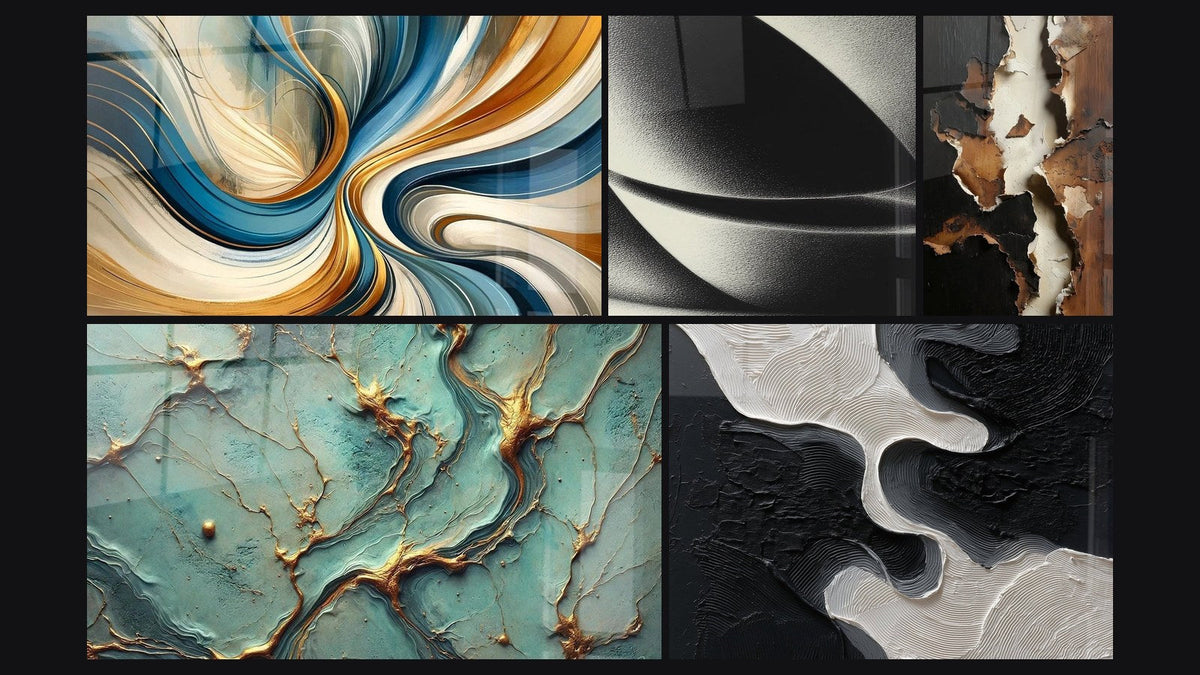 Mosaico de cinco cuadros, entre ellos Espirales Elegantes, Ríos de Oro y Esfera abstracta