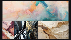 Mozaïek van vijf schilderijen, waaronder Roze Zwevende Cumuluswolken, Ondulerende Weelde en Abstract Beige en Aardekleur